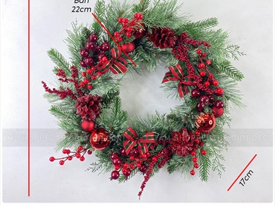 Vòng nguyệt quế 4 loại lá nơ caro đỏ ĐK 55 - 60cm VNGQ-X-42